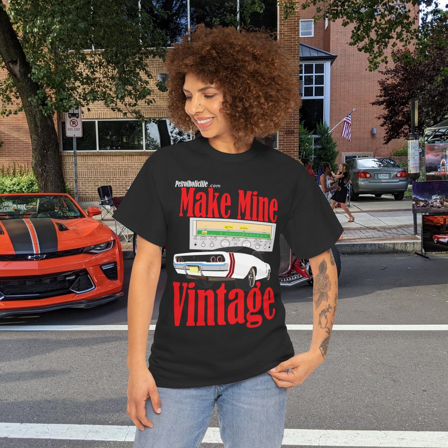Make Mine Vintage '68 Charger and Sansui Receiver - Unisex Heavy Cotton Tee