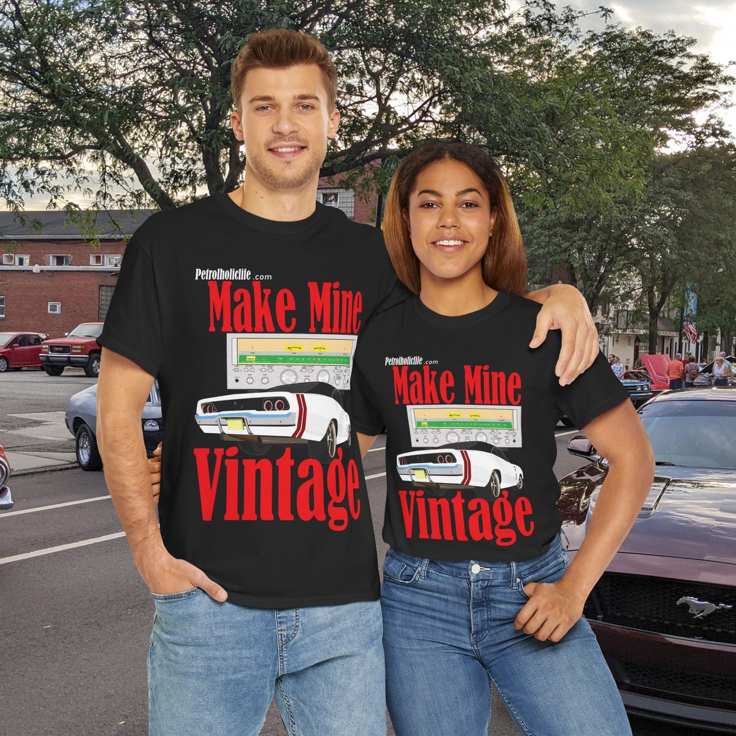 Make Mine Vintage '68 Charger and Sansui Receiver - Unisex Heavy Cotton Tee