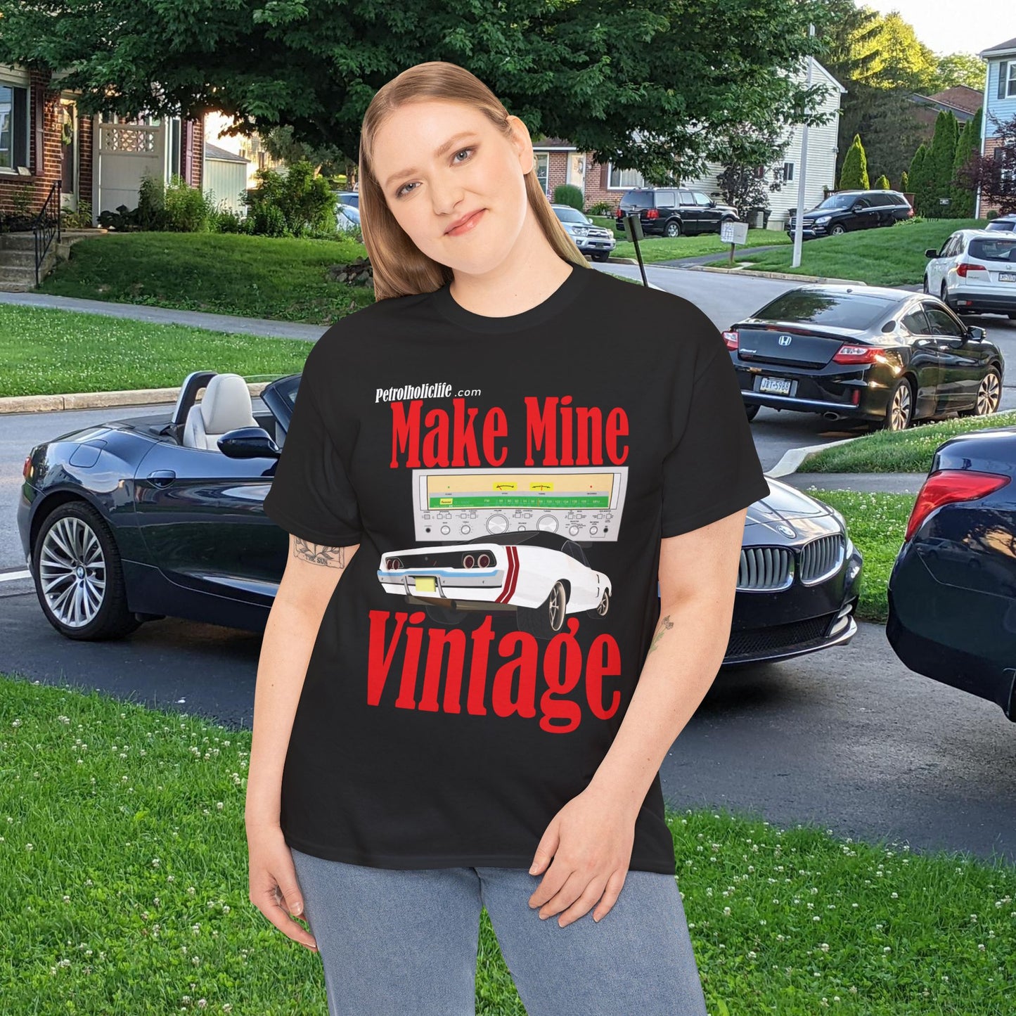Make Mine Vintage '68 Charger and Sansui Receiver - Unisex Heavy Cotton Tee