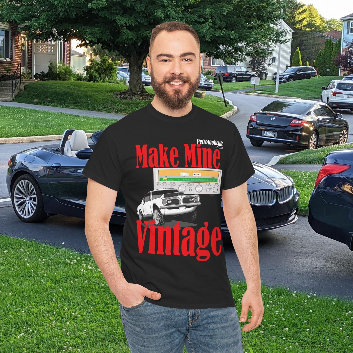 Make Mine Vintage Hem! Cuda and Sansui Receiver - Unisex Heavy Cotton Tee