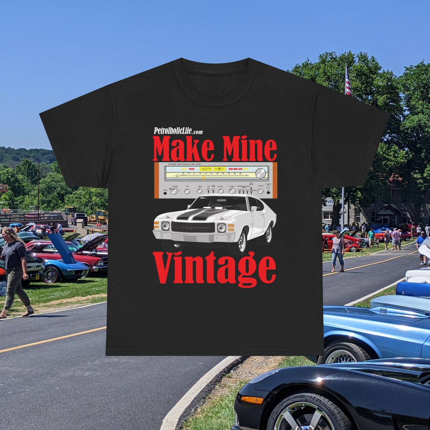 A Make Mine Vintage '70 Chevlle and Pioneer Receiver - Unisex Heavy Cotton Tee