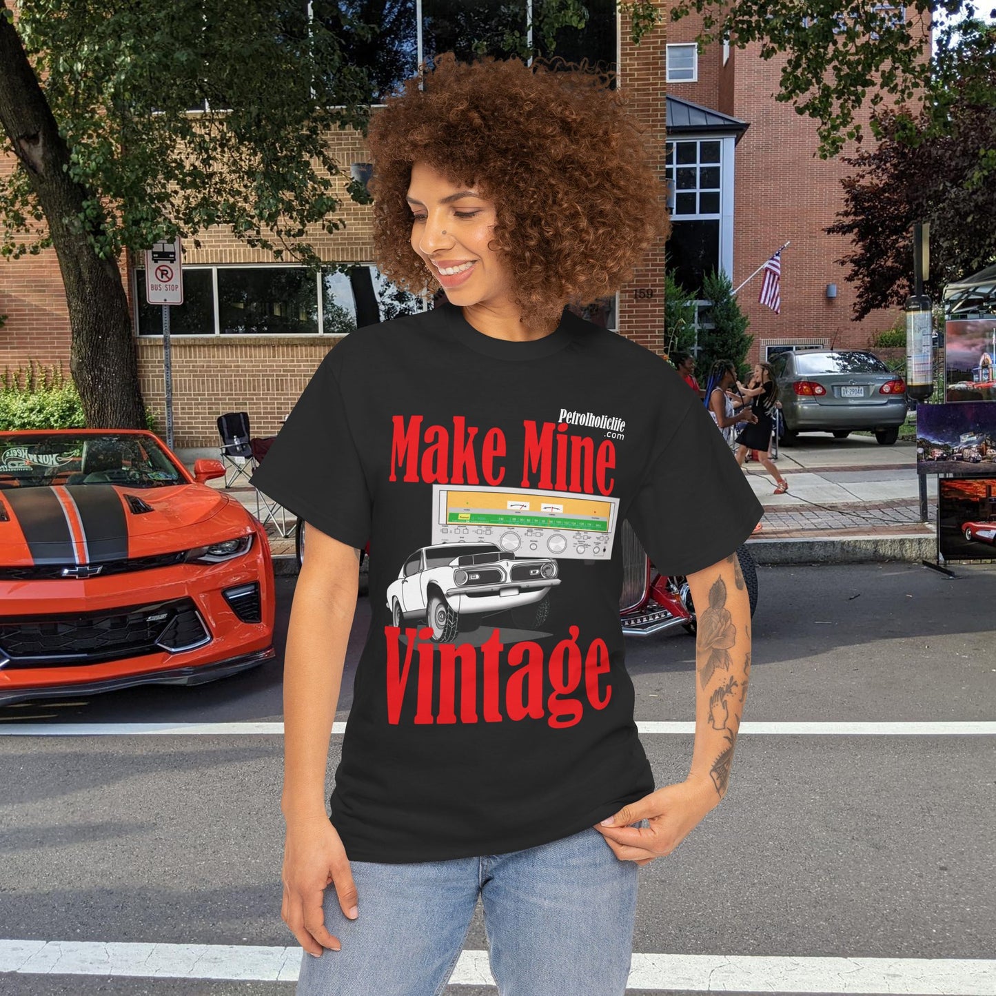Make Mine Vintage Hem! Cuda and Sansui Receiver - Unisex Heavy Cotton Tee