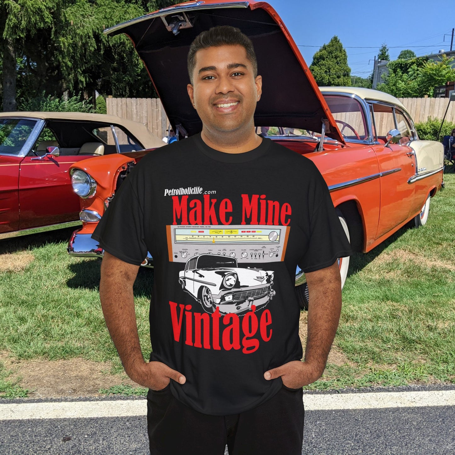 Make Mine Vintage '56 Chev and Pioneer Receiver - Unisex Heavy Cotton Tee