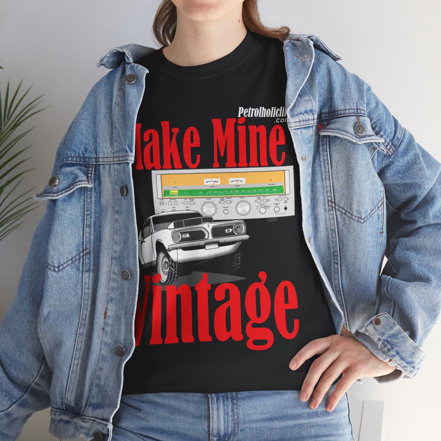 Make Mine Vintage Hem! Cuda and Sansui Receiver - Unisex Heavy Cotton Tee