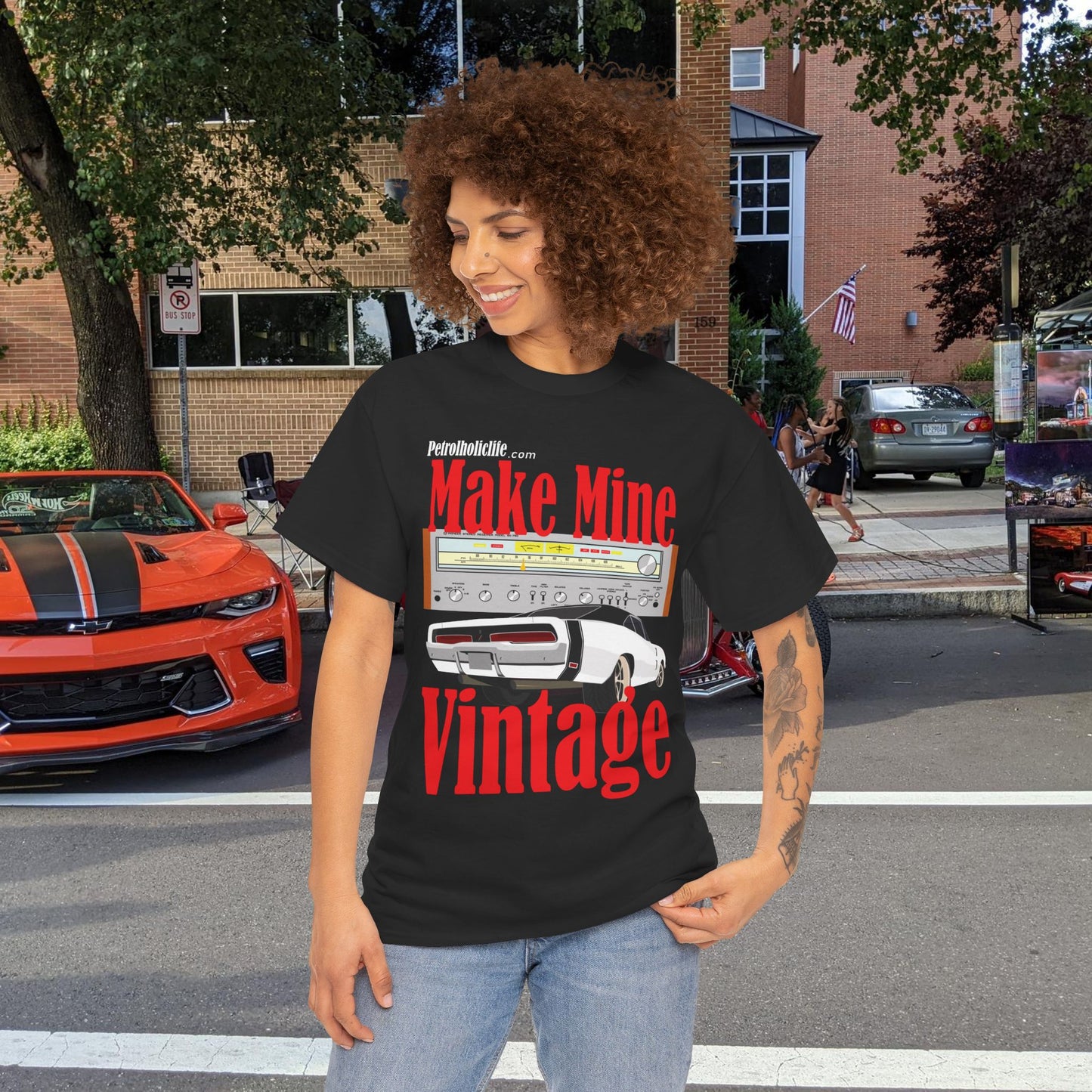 Make Mine Vintage '69 Charger and Pioneer Receiver - Unisex Heavy Cotton Tee