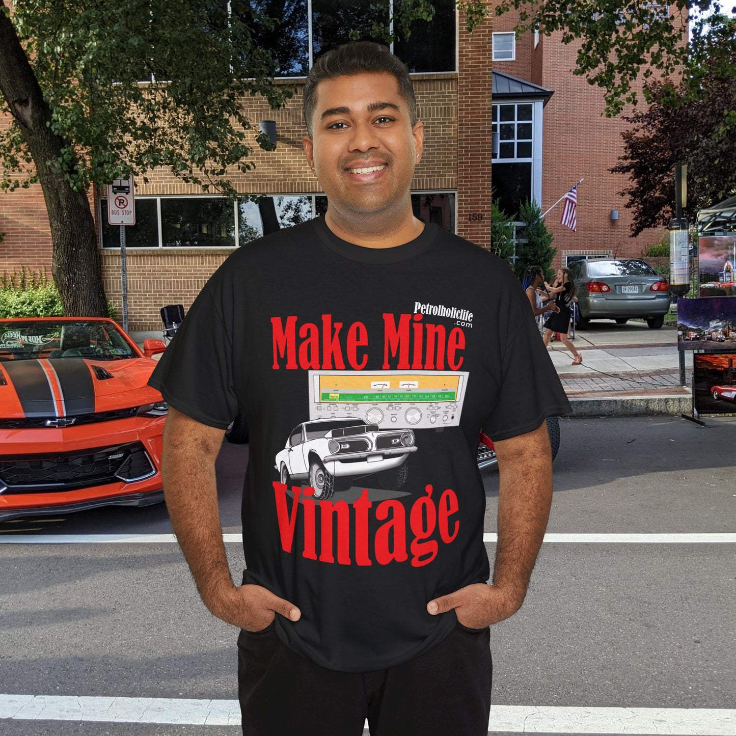 Make Mine Vintage Hem! Cuda and Sansui Receiver - Unisex Heavy Cotton Tee