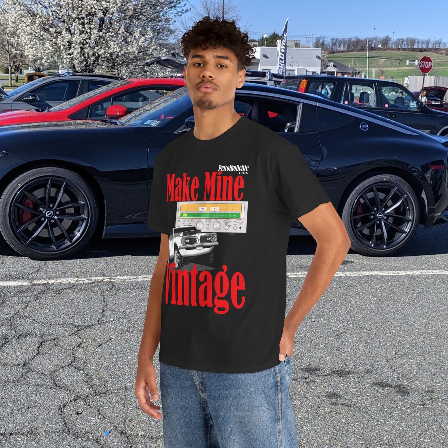 Make Mine Vintage Hem! Cuda and Sansui Receiver - Unisex Heavy Cotton Tee