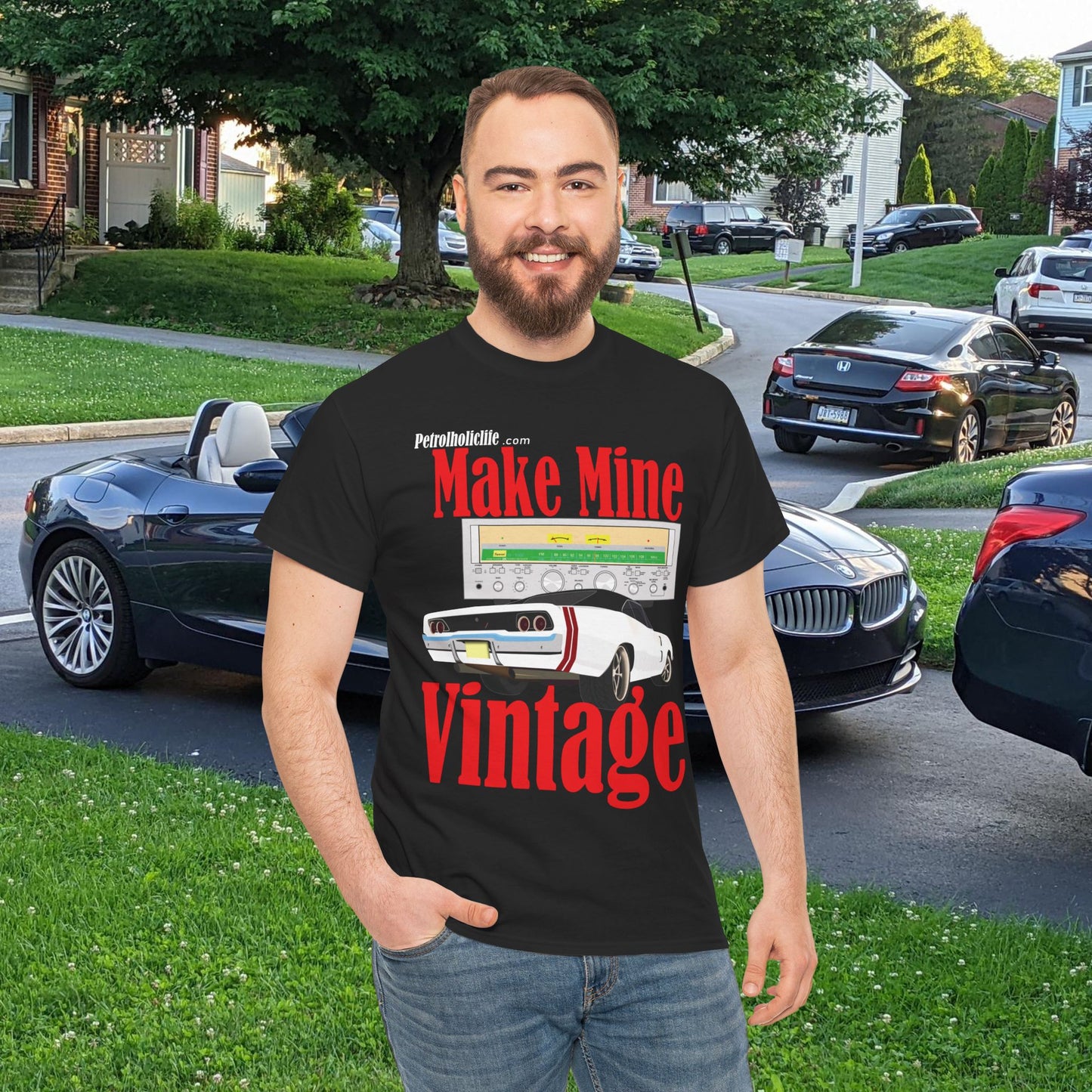 Make Mine Vintage '68 Charger and Sansui Receiver - Unisex Heavy Cotton Tee