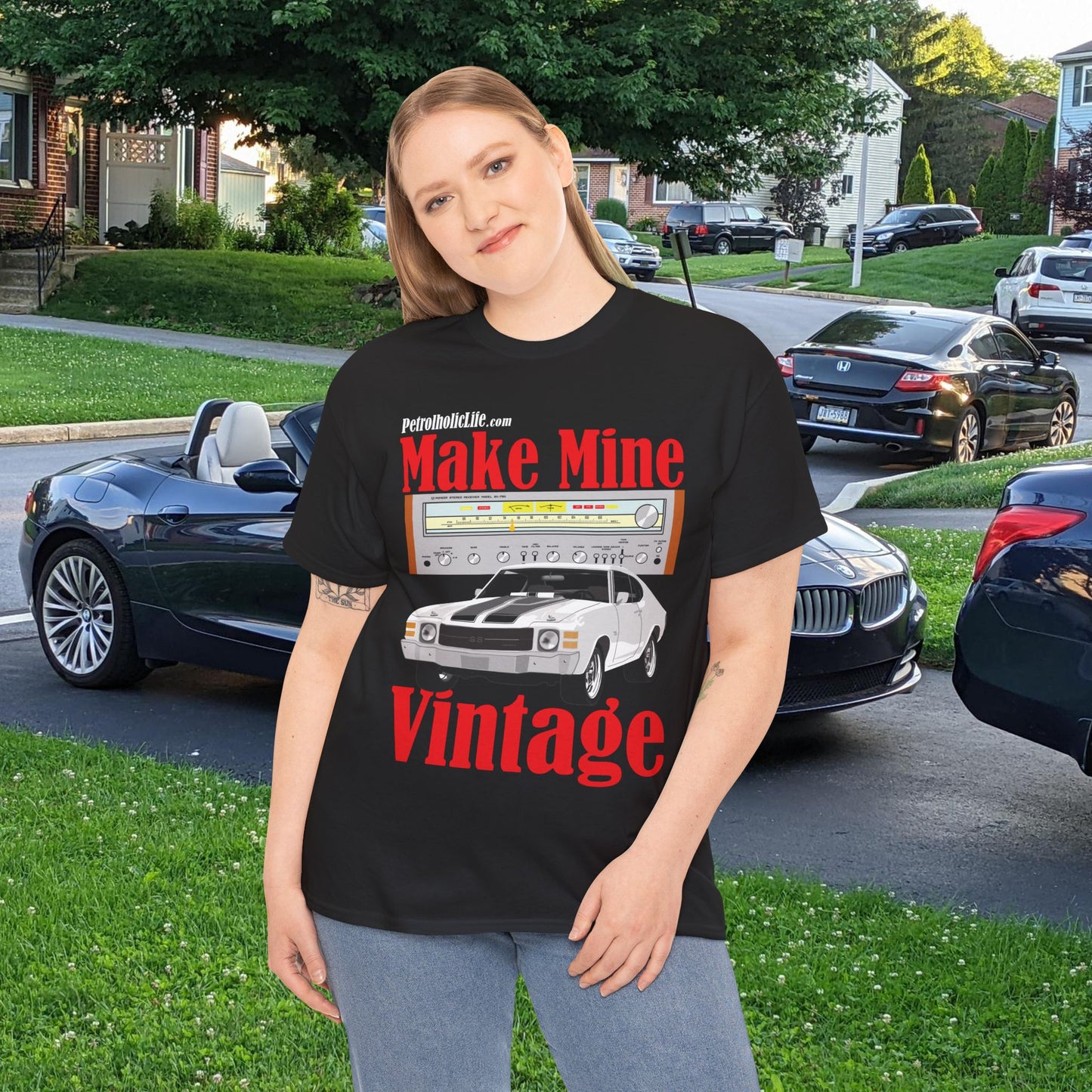 A Make Mine Vintage '70 Chevlle and Pioneer Receiver - Unisex Heavy Cotton Tee