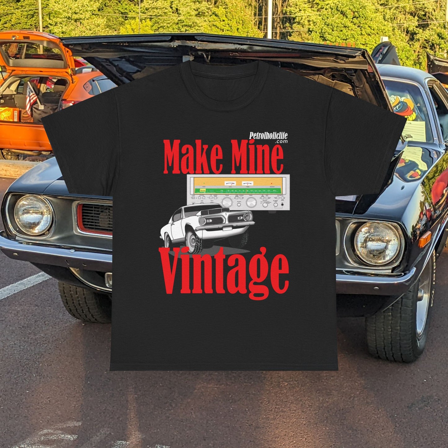 Make Mine Vintage Hem! Cuda and Sansui Receiver - Unisex Heavy Cotton Tee