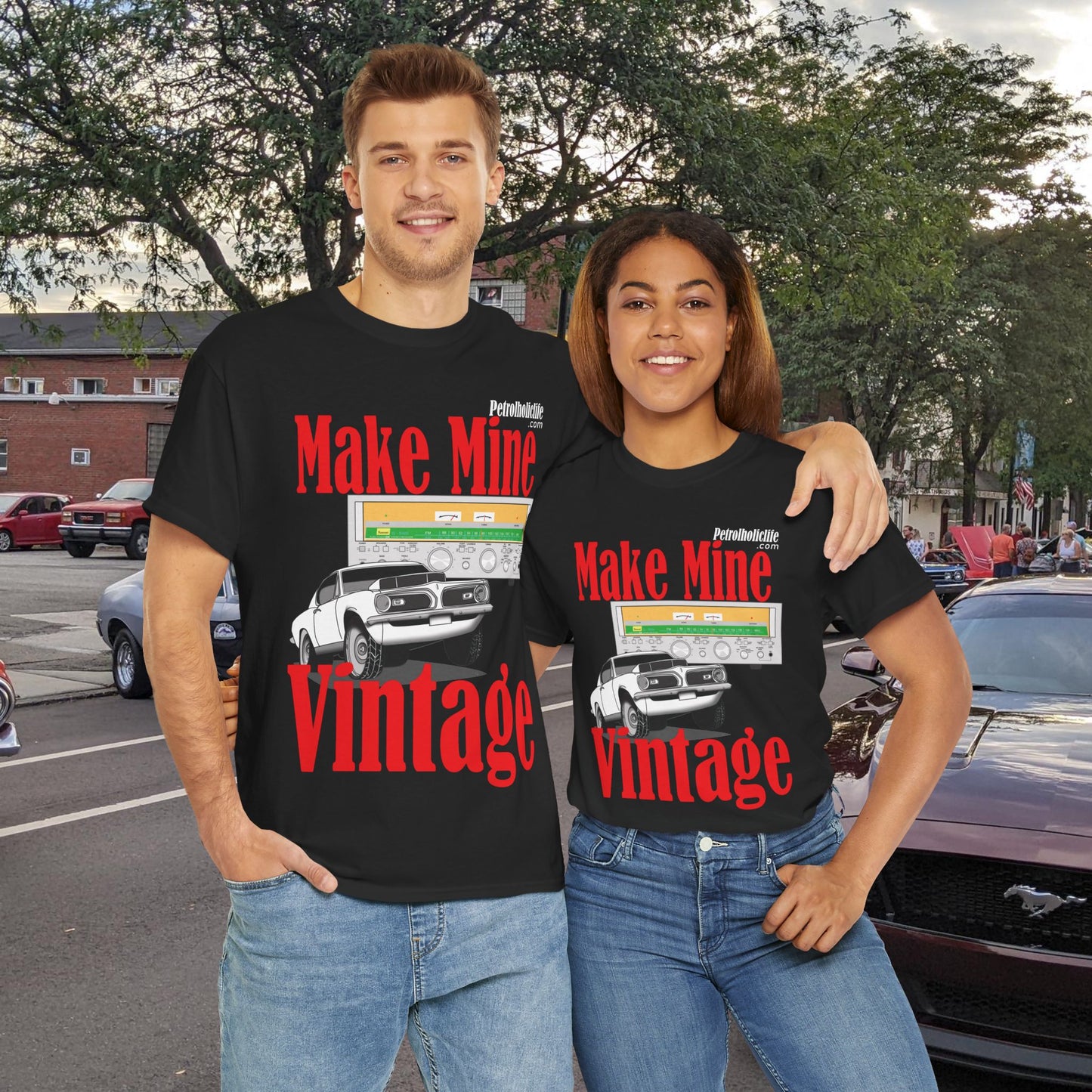 Make Mine Vintage Hem! Cuda and Sansui Receiver - Unisex Heavy Cotton Tee