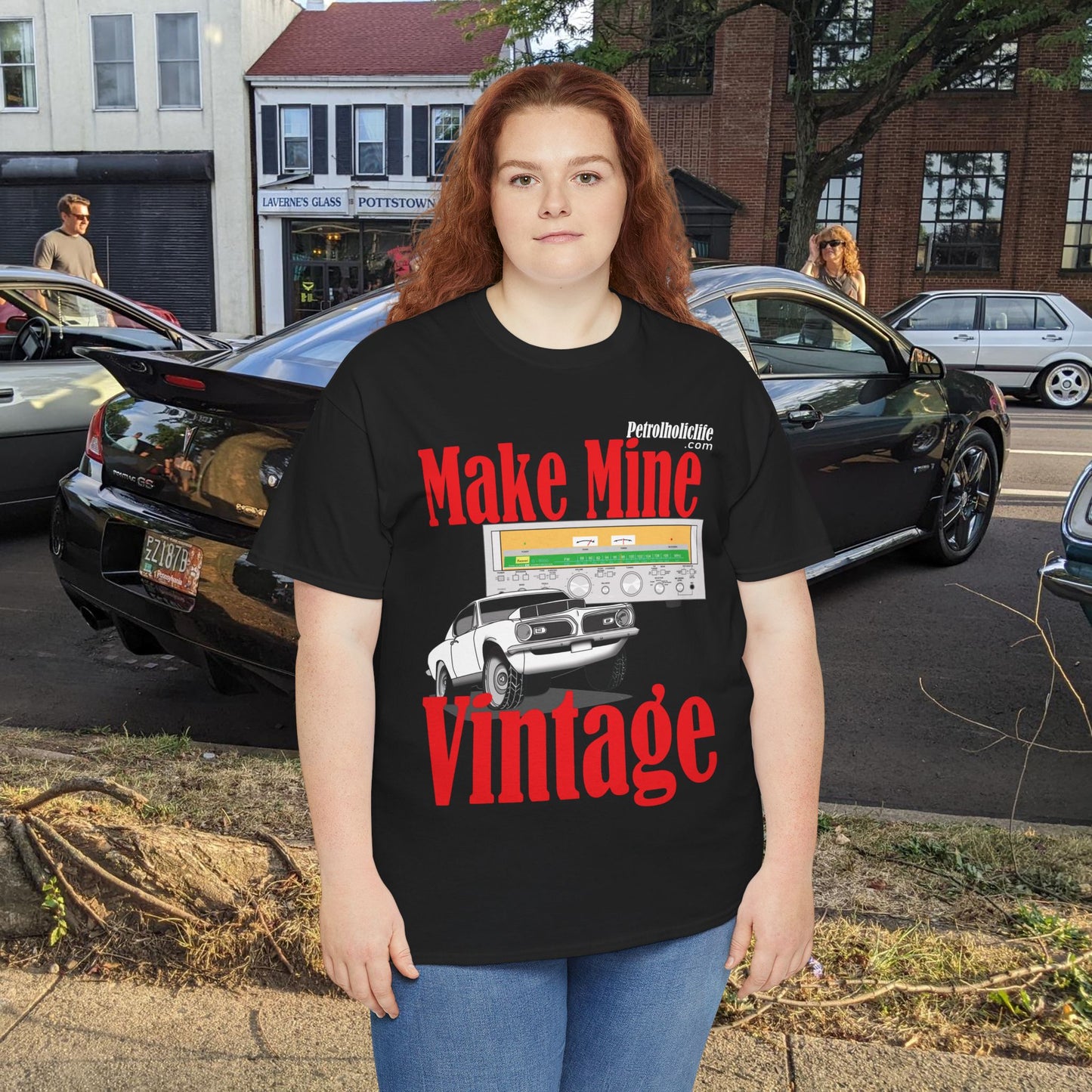 Make Mine Vintage Hem! Cuda and Sansui Receiver - Unisex Heavy Cotton Tee