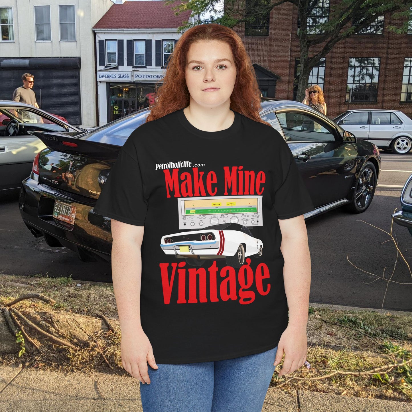 Make Mine Vintage '68 Charger and Sansui Receiver - Unisex Heavy Cotton Tee