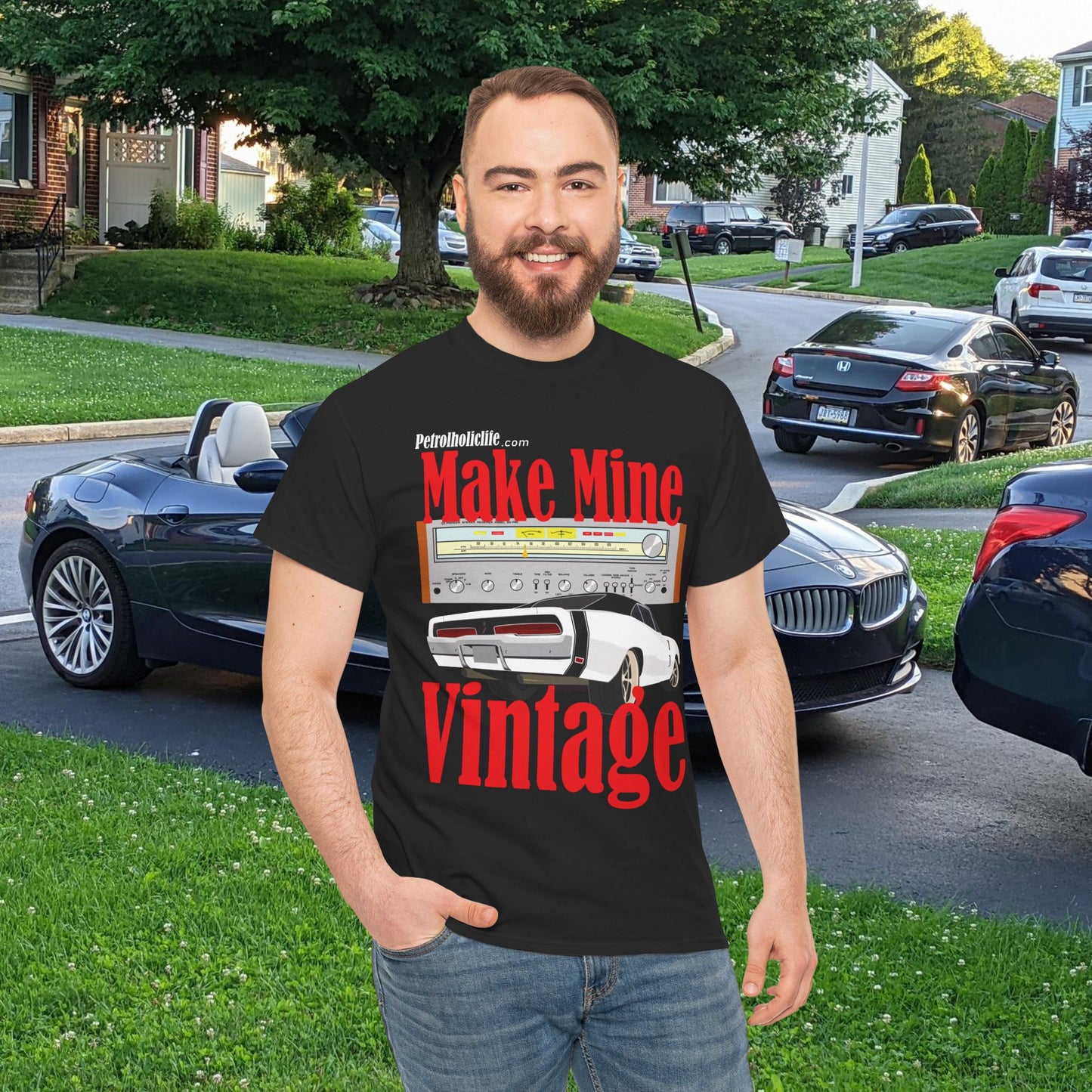 Make Mine Vintage '69 Charger and Pioneer Receiver - Unisex Heavy Cotton Tee