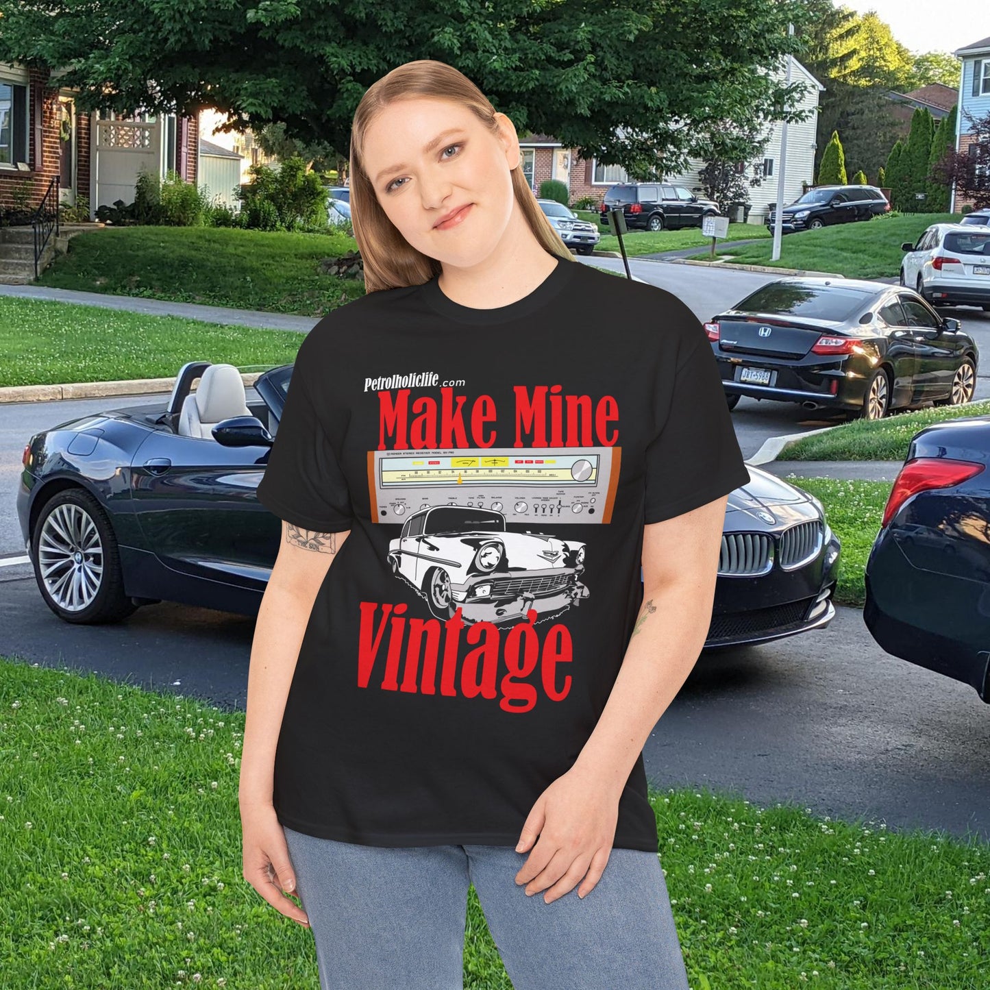 Make Mine Vintage '56 Chev and Pioneer Receiver - Unisex Heavy Cotton Tee