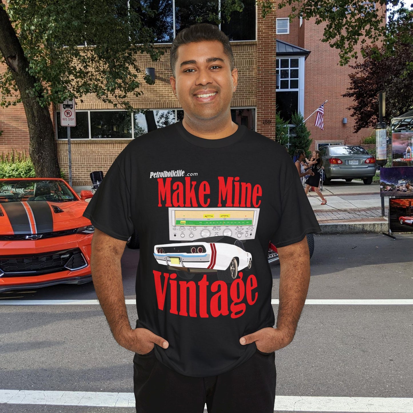 Make Mine Vintage '68 Charger and Sansui Receiver - Unisex Heavy Cotton Tee