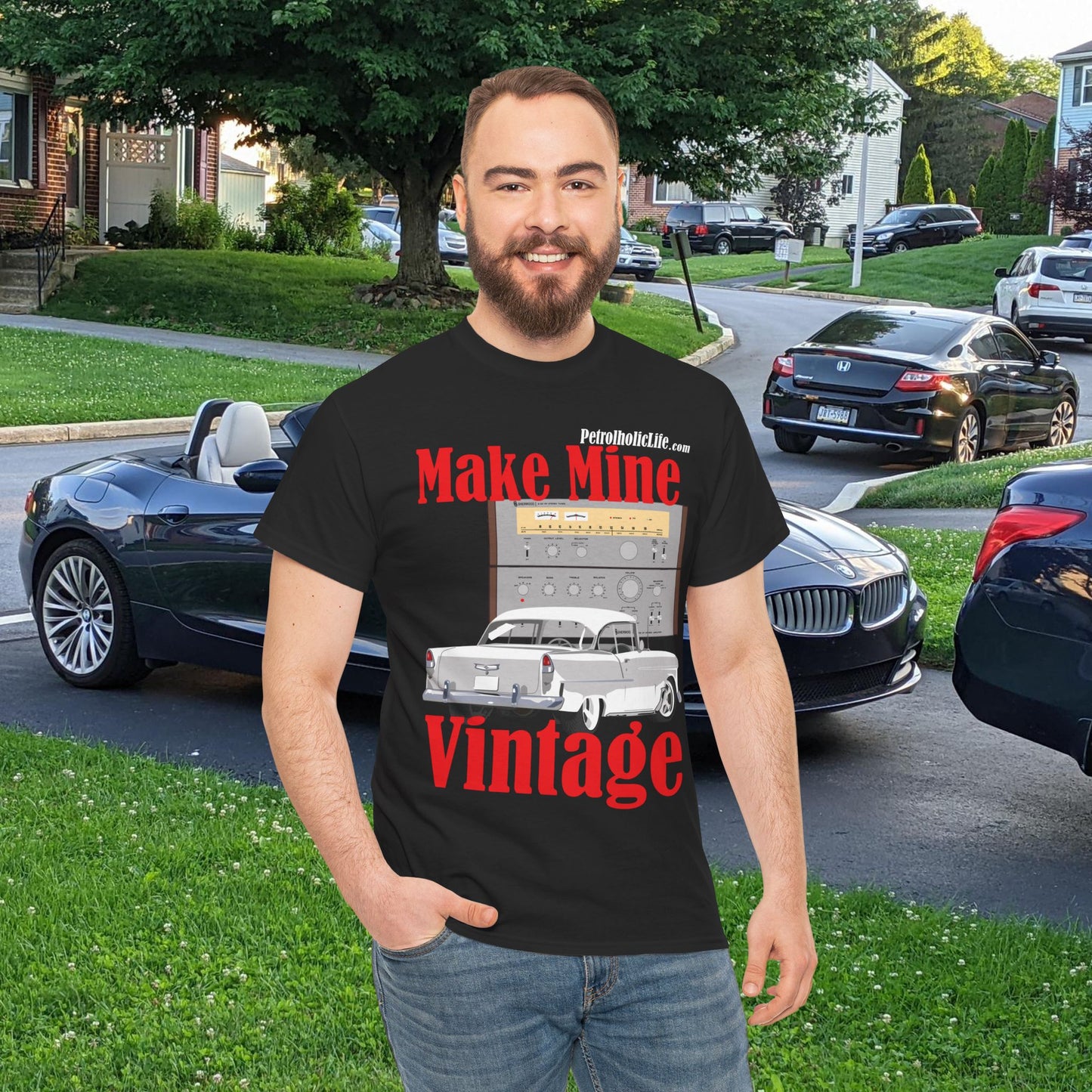 Make Mine Vintage '55 Chev and Sherwood S702 - Unisex Heavy Cotton Tee