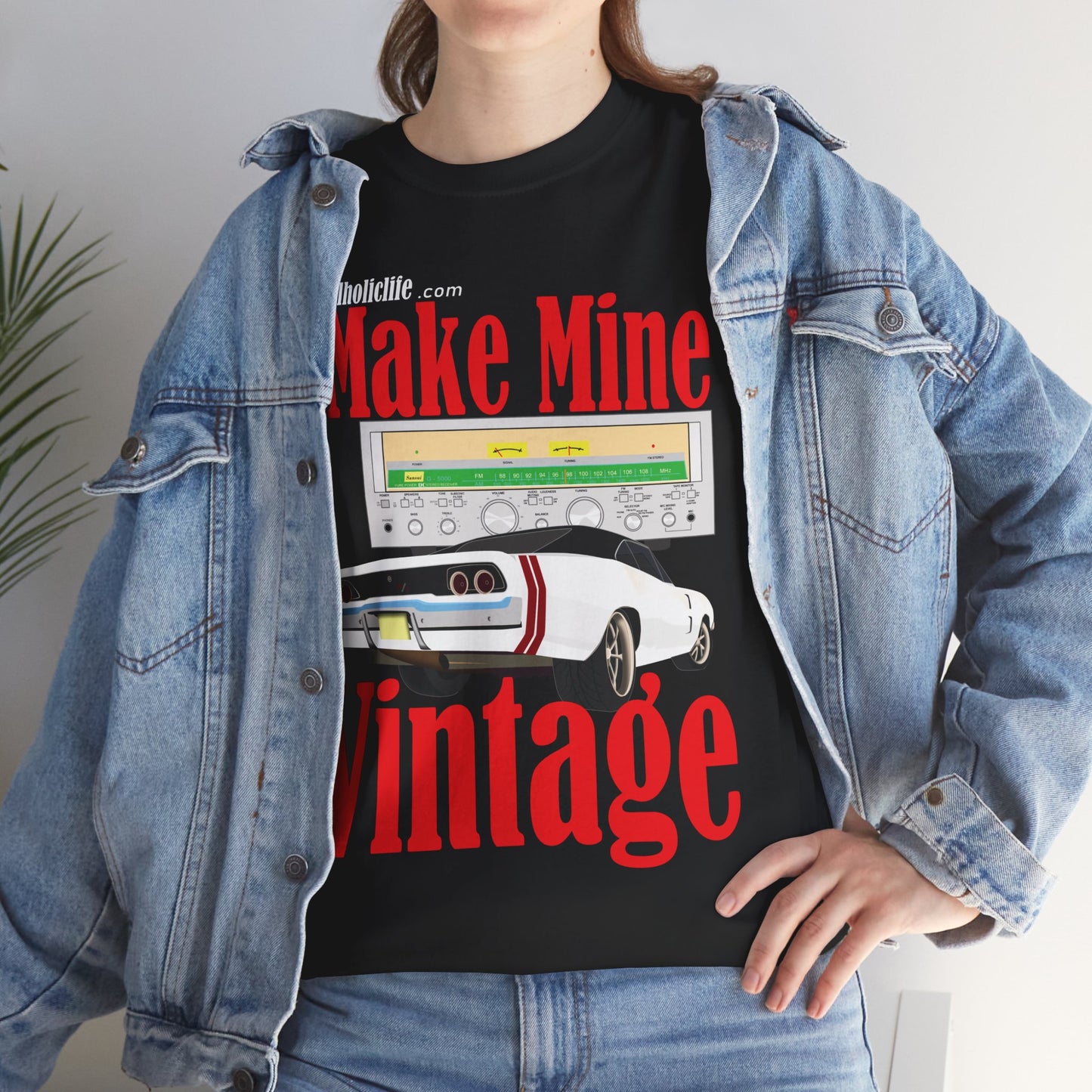 Make Mine Vintage '68 Charger and Sansui Receiver - Unisex Heavy Cotton Tee