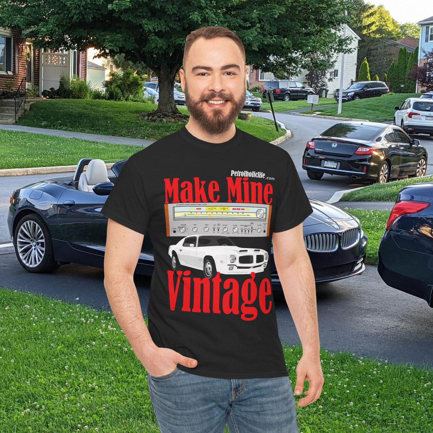 A Make Mine Vintage Formula Firebird and Pioneer Receiver - Unisex Heavy Cotton Tee