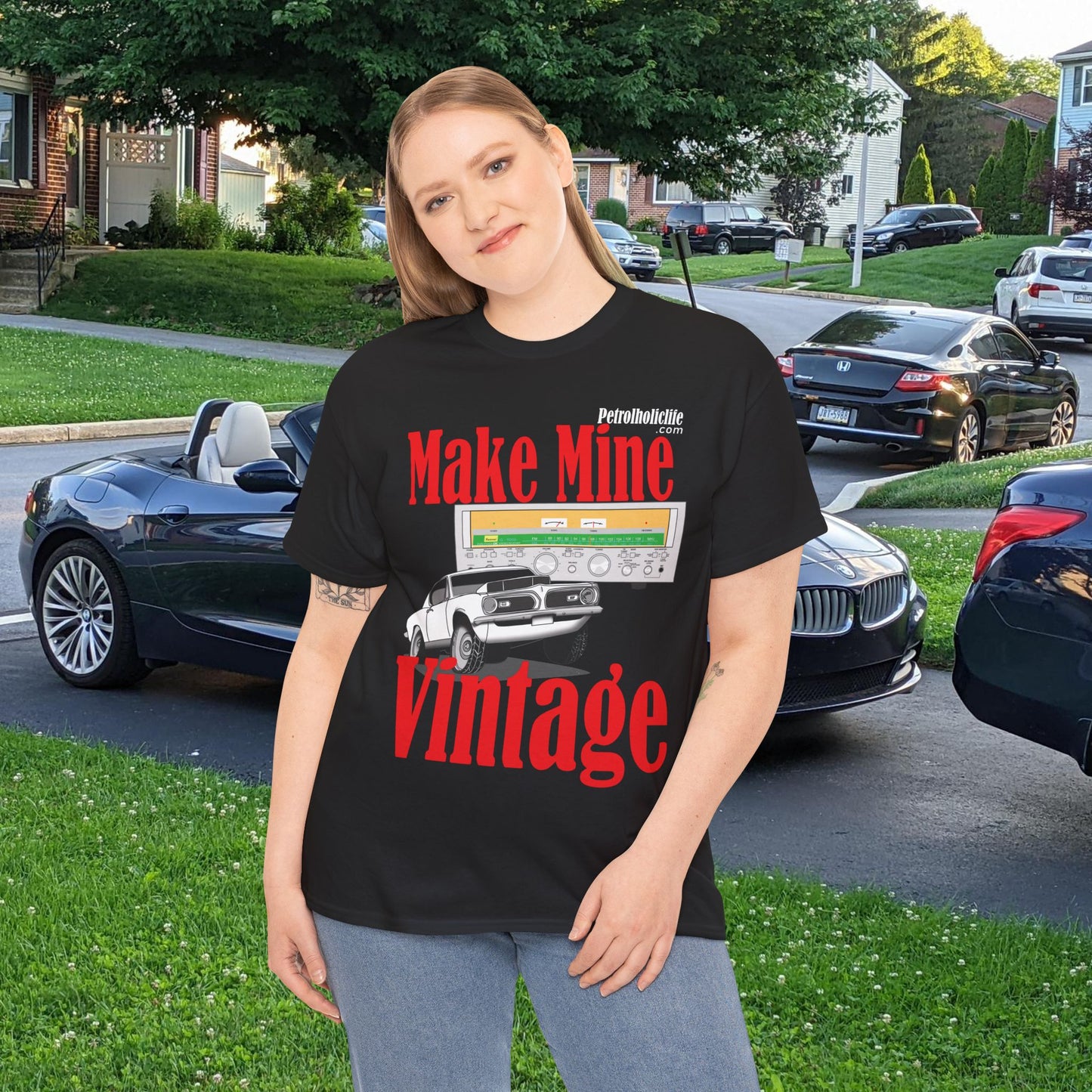 Make Mine Vintage Hem! Cuda and Sansui Receiver - Unisex Heavy Cotton Tee