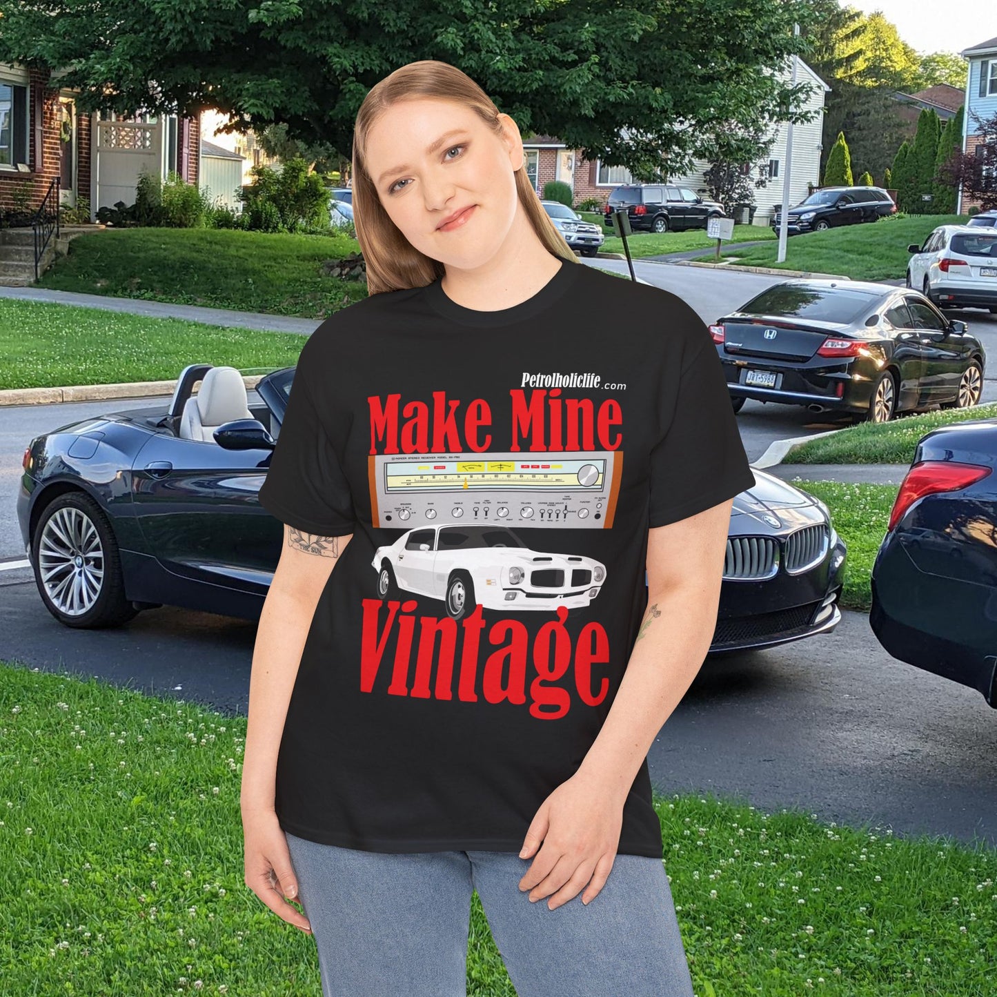 A Make Mine Vintage Formula Firebird and Pioneer Receiver - Unisex Heavy Cotton Tee