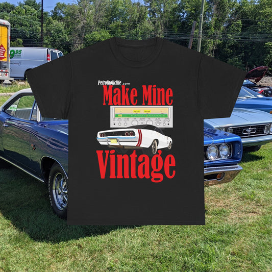 Make Mine Vintage '68 Charger and Sansui Receiver - Unisex Heavy Cotton Tee
