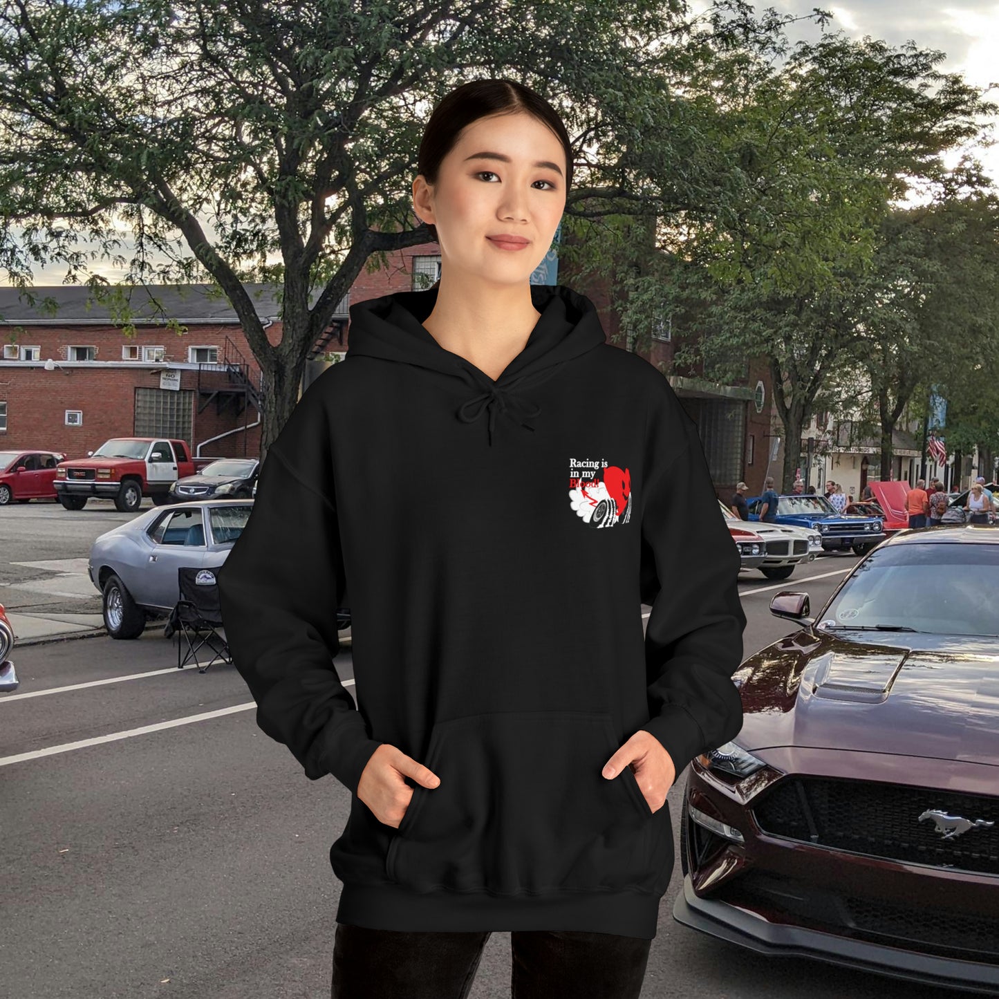 A Redline a Day Keeps Mechanic Away (Back Side) Unisex Heavy Blend™ Hooded Sweatshirt for Her