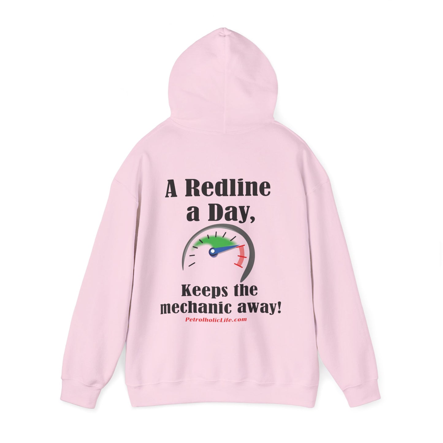 Redline a Day Keeps Mechanic Away (Back Side) Unisex Heavy Blend™ Hooded Sweatshirt in colors for Her