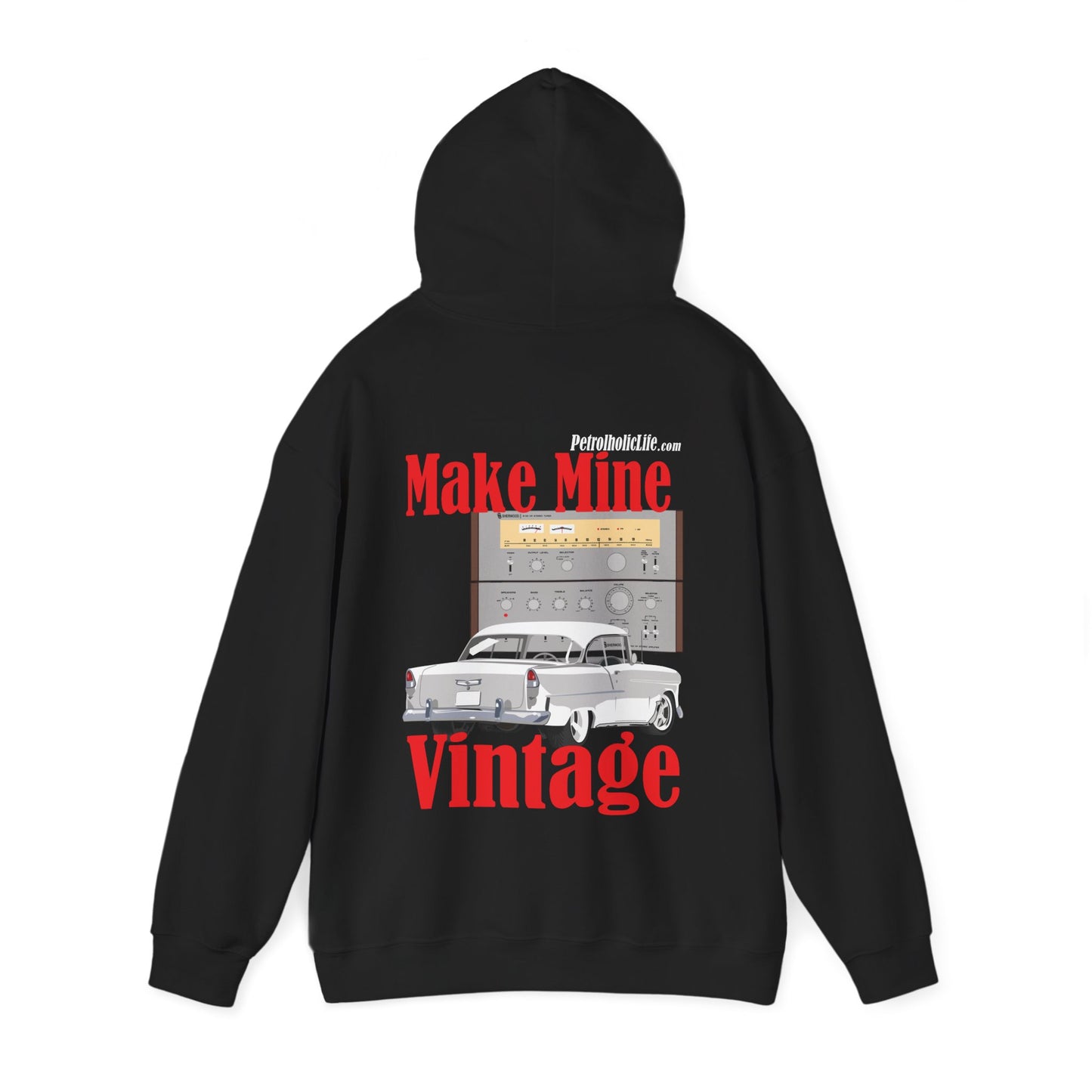 Black hoodie with vintage Stereo and car graphic and text on a dark background