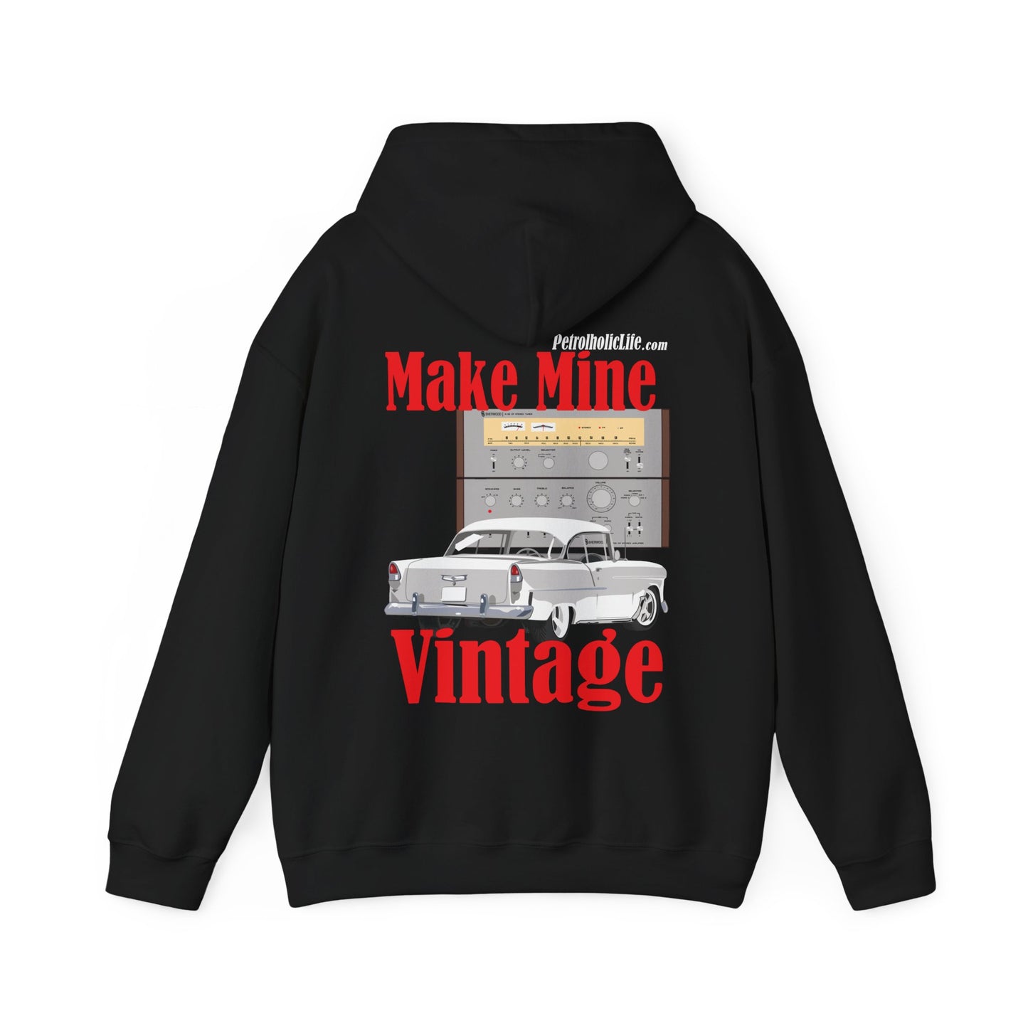Make Mine Vintage '55 Chev, Tuner and Integrated Amp (Back Side) Unisex Heavy Blend™ Hooded Sweatshirt