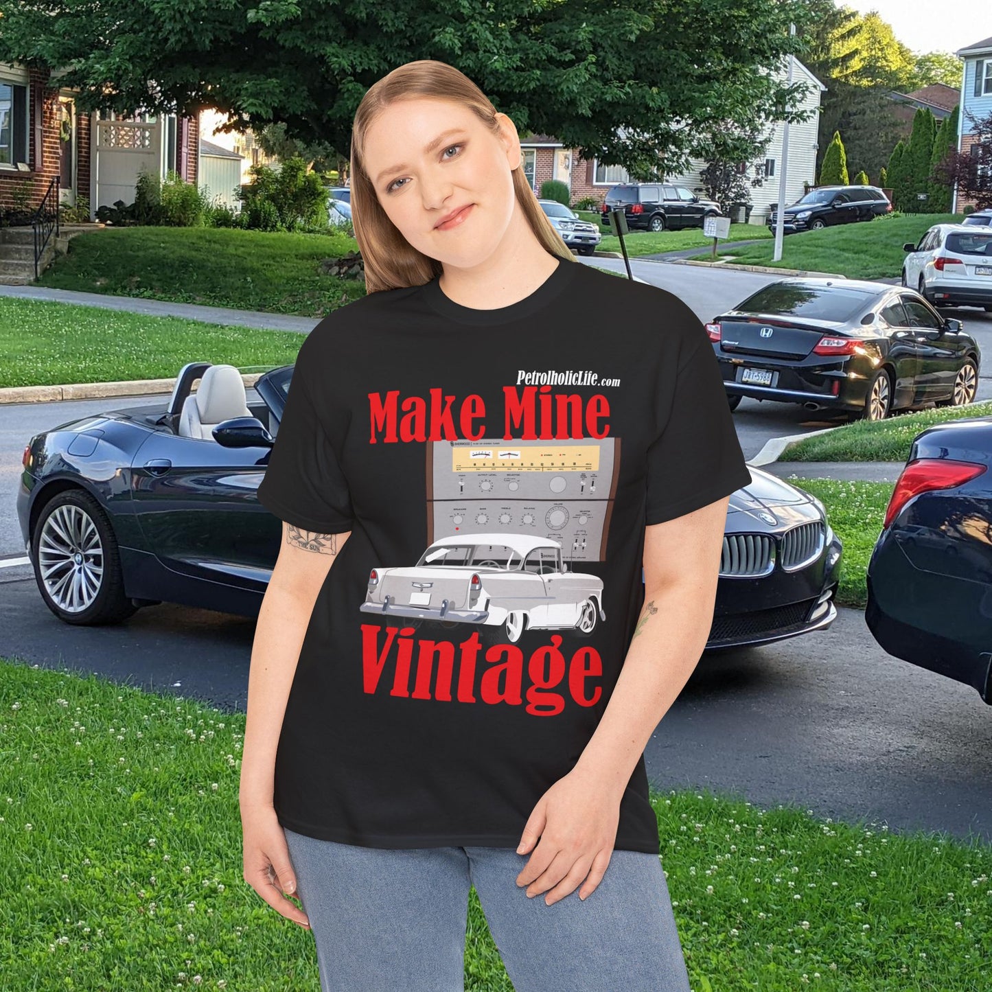 Make Mine Vintage '55 Chev and Sherwood S702 - Unisex Heavy Cotton Tee
