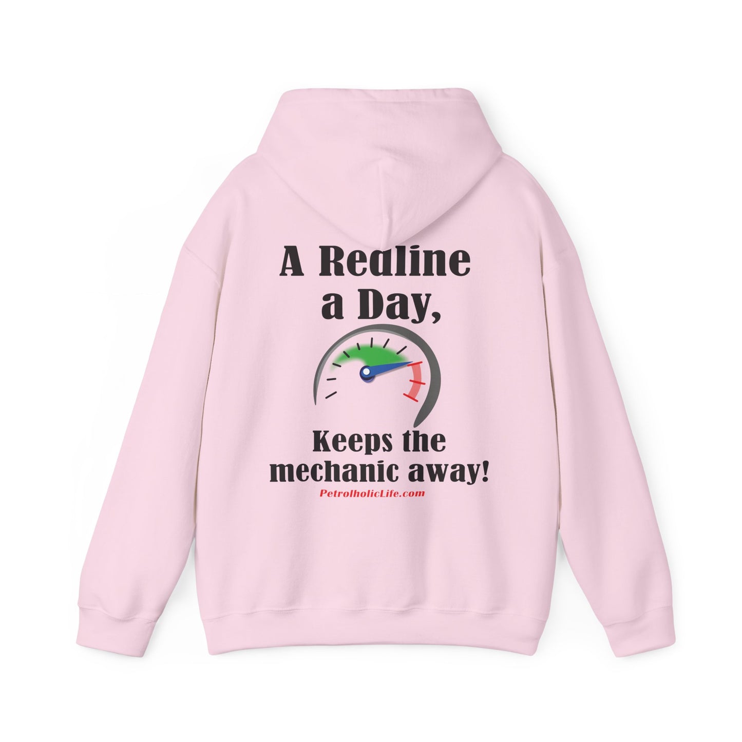 Redline a Day Keeps Mechanic Away (Back Side) Unisex Heavy Blend™ Hooded Sweatshirt in colors for Her