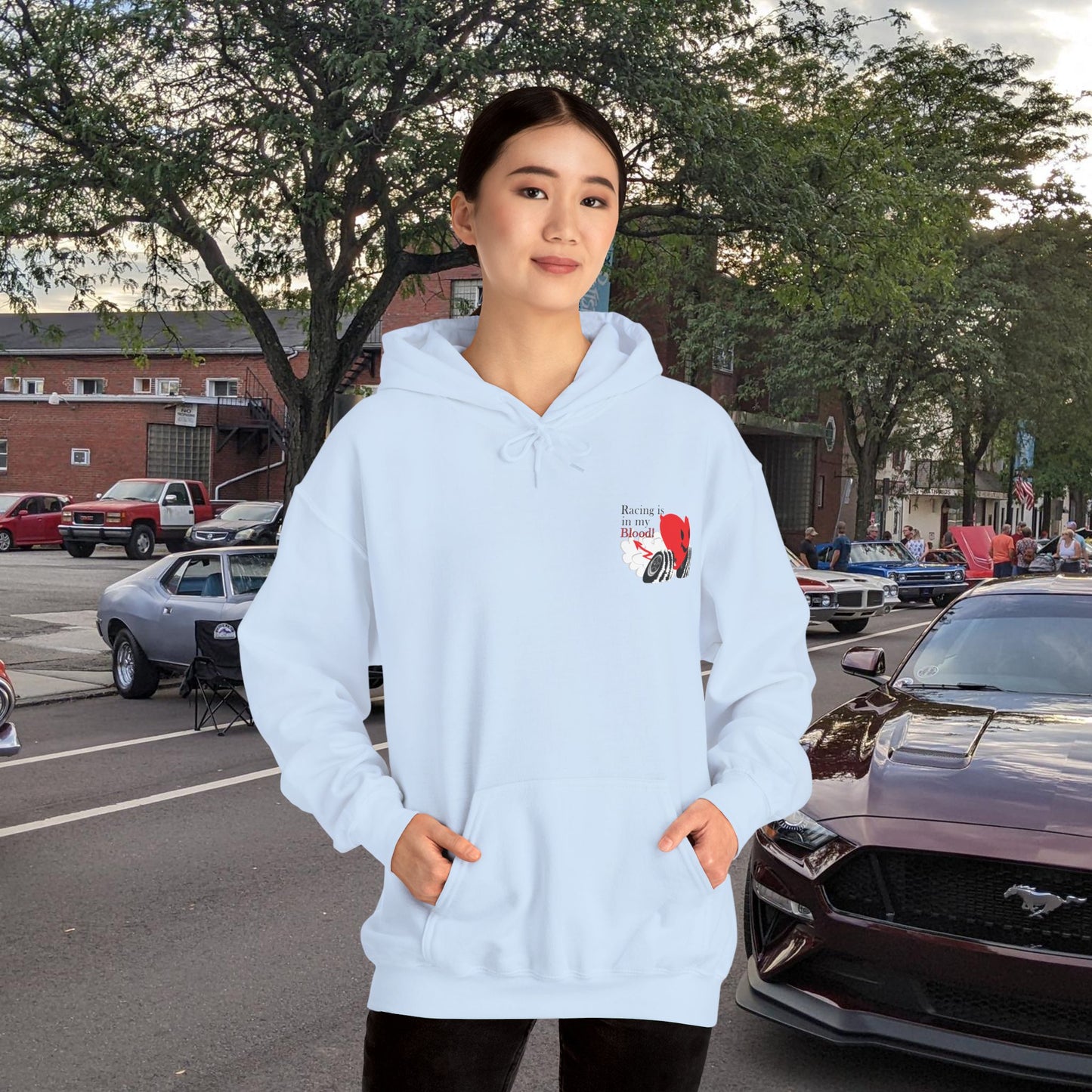 Redline a Day Keeps Mechanic Away (Back Side) Unisex Heavy Blend™ Hooded Sweatshirt in colors for Her