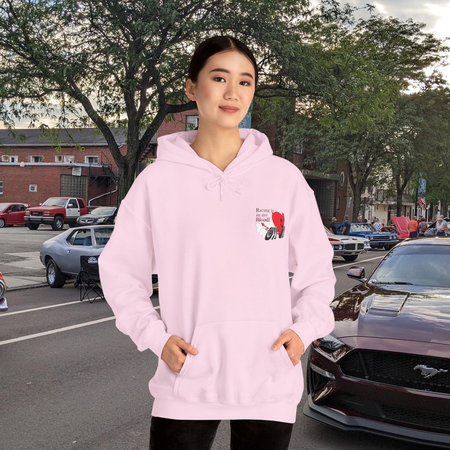 Redline a Day Keeps Mechanic Away (Back Side) Unisex Heavy Blend™ Hooded Sweatshirt in colors for Her