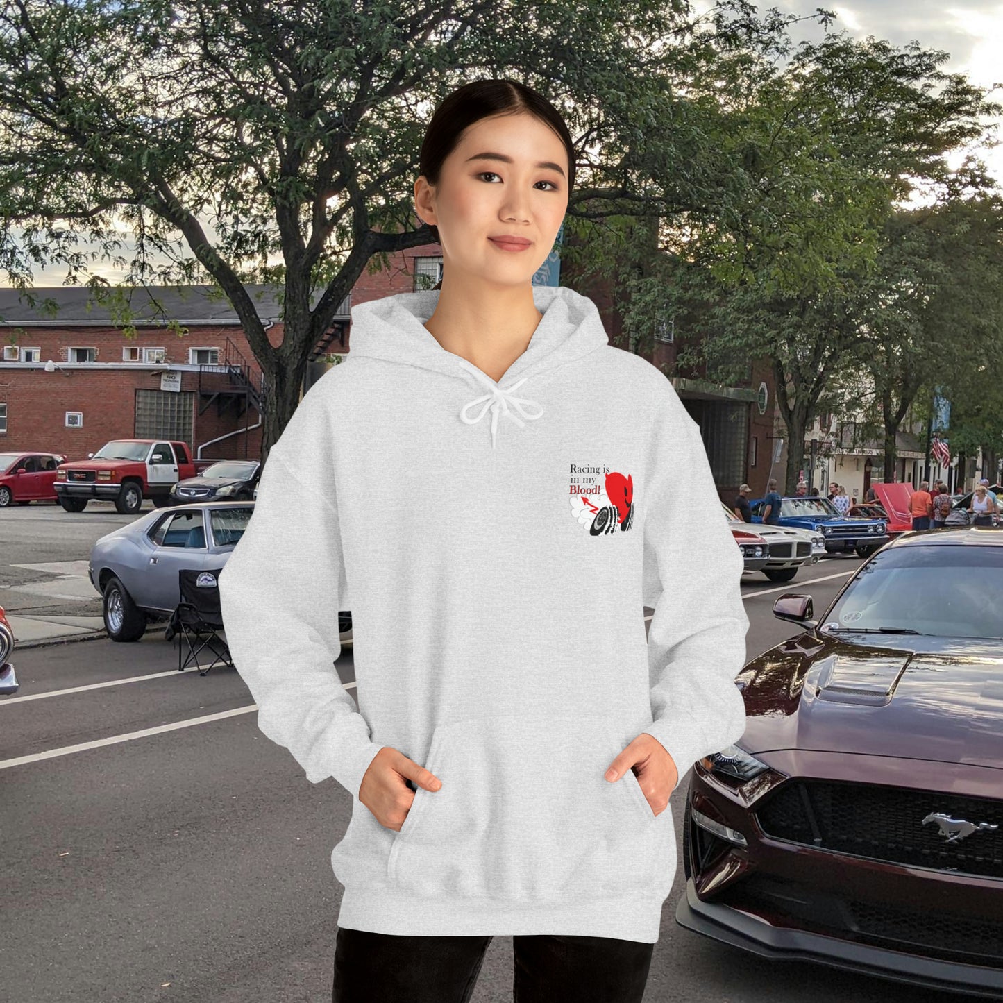 A Redline a Day Keeps Mechanic Away (Back Side) Unisex Heavy Blend™ Hooded Sweatshirt for Her