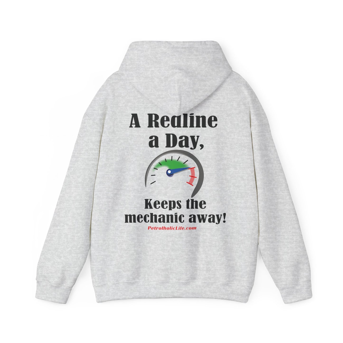 Redline a Day Keeps Mechanic Away (Back Side) Unisex Heavy Blend™ Hooded Sweatshirt in colors for Her