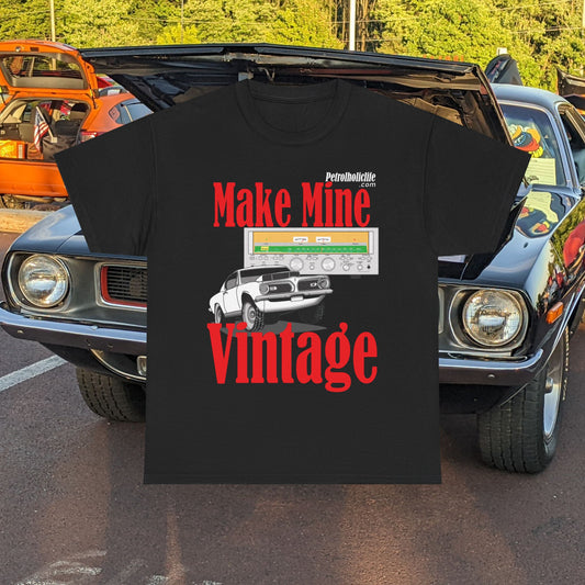 Make Mine Vintage Hem! Cuda and Sansui Receiver - Unisex Heavy Cotton Tee