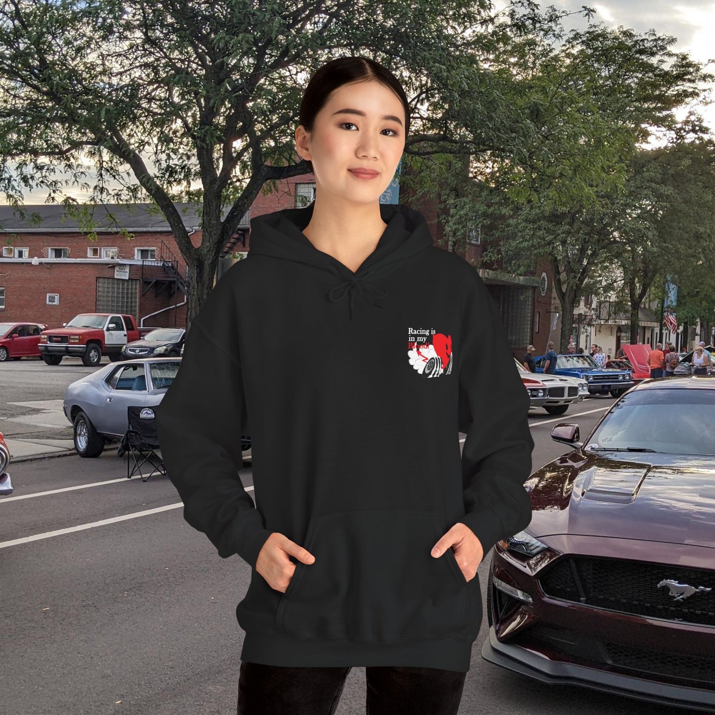Redline a Day Keeps Mechanic Away (Back Side) Unisex Heavy Blend™ Hooded Sweatshirt in colors for Her