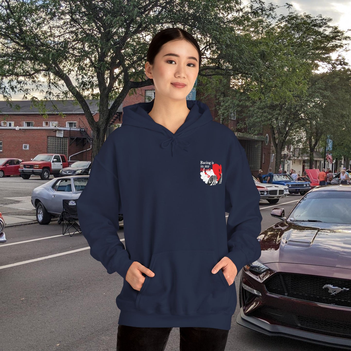 Redline a Day Keeps Mechanic Away (Back Side) Unisex Heavy Blend™ Hooded Sweatshirt in colors for Her