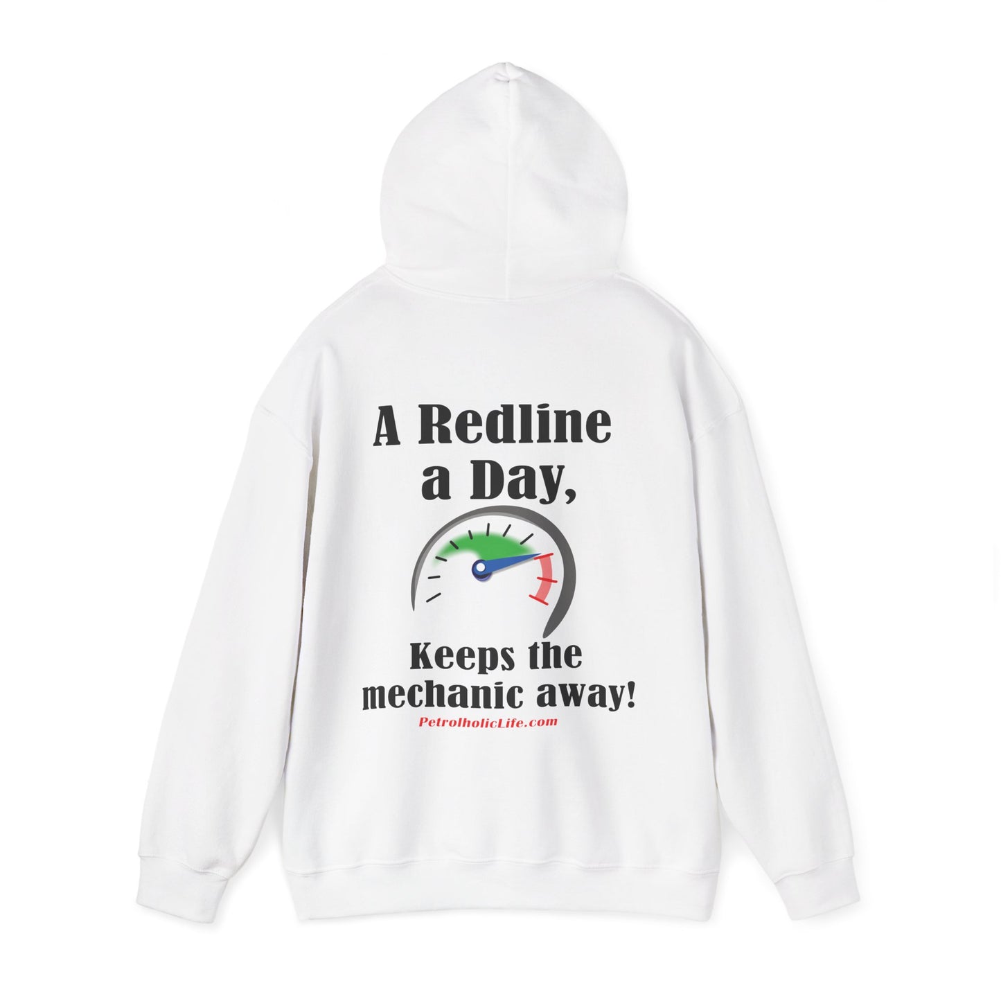 Redline a Day Keeps Mechanic Away (Back Side) Unisex Heavy Blend™ Hooded Sweatshirt in colors for Her